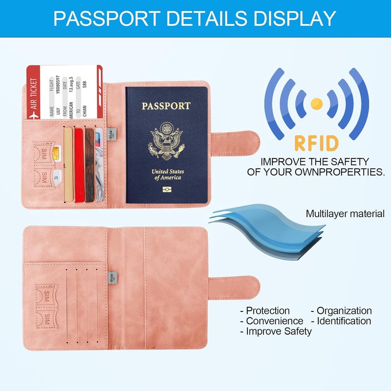 Sovirose Passport Holders, RFID Blocking Credit Card Holder, PU Leather Passport Holders for Travel with Magnetic Buckle, Travel Must Haves Cruise Ship Essentials for Men, Women (Pink) - Image 3